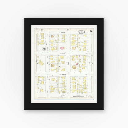 Old map wall art mockup — black gallery frame with white mat — Sanborn Fire Insurance Map from Texarkana, Bowie County, Texas (1909), Sheet #0017