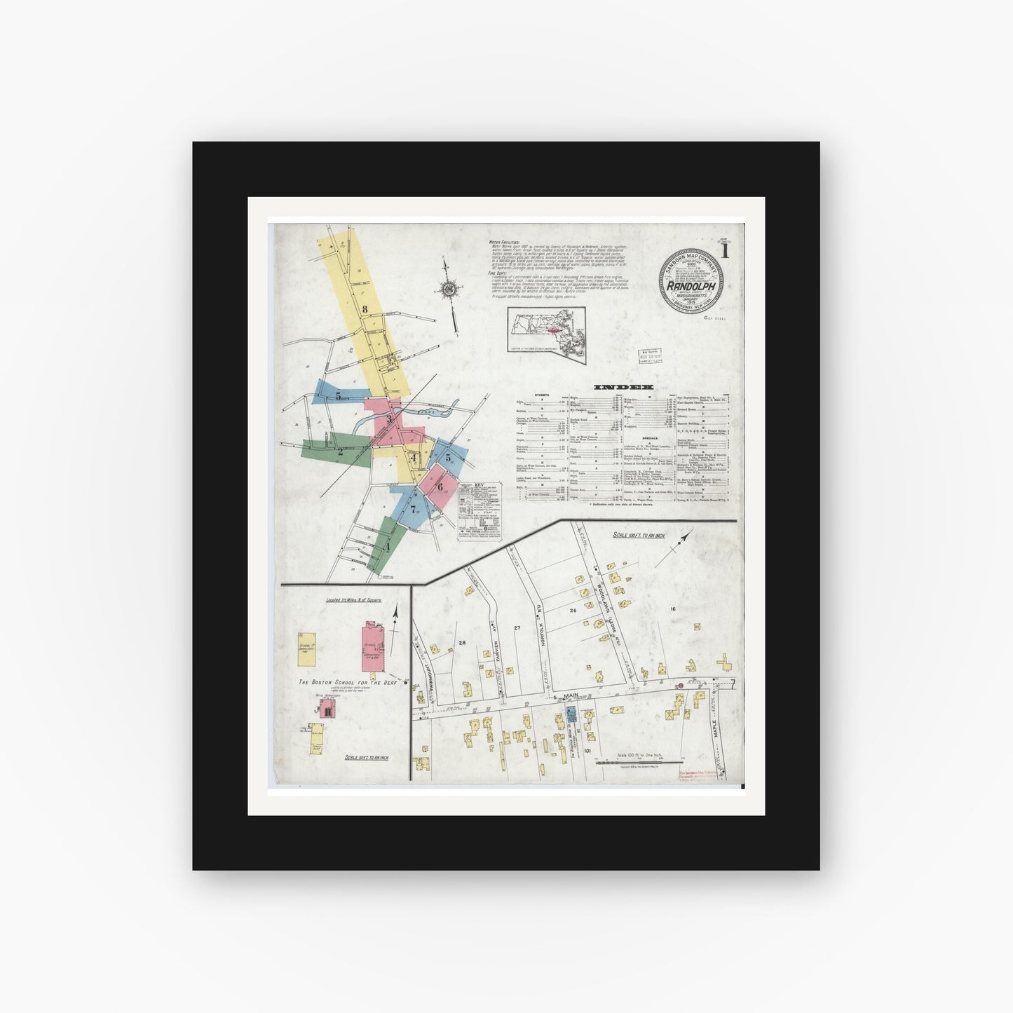Old map wall art mockup — black gallery frame with white mat — Sanborn Fire Insurance Map from Randolph, Norfolk County, Massachusetts (1919) - Complete Map Set