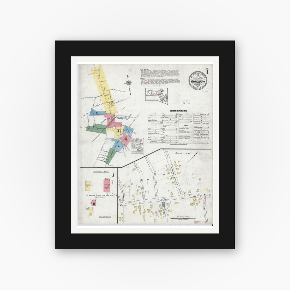 Old map wall art mockup — black gallery frame with white mat — Sanborn Fire Insurance Map from Randolph, Norfolk County, Massachusetts (1919) - Complete Map Set
