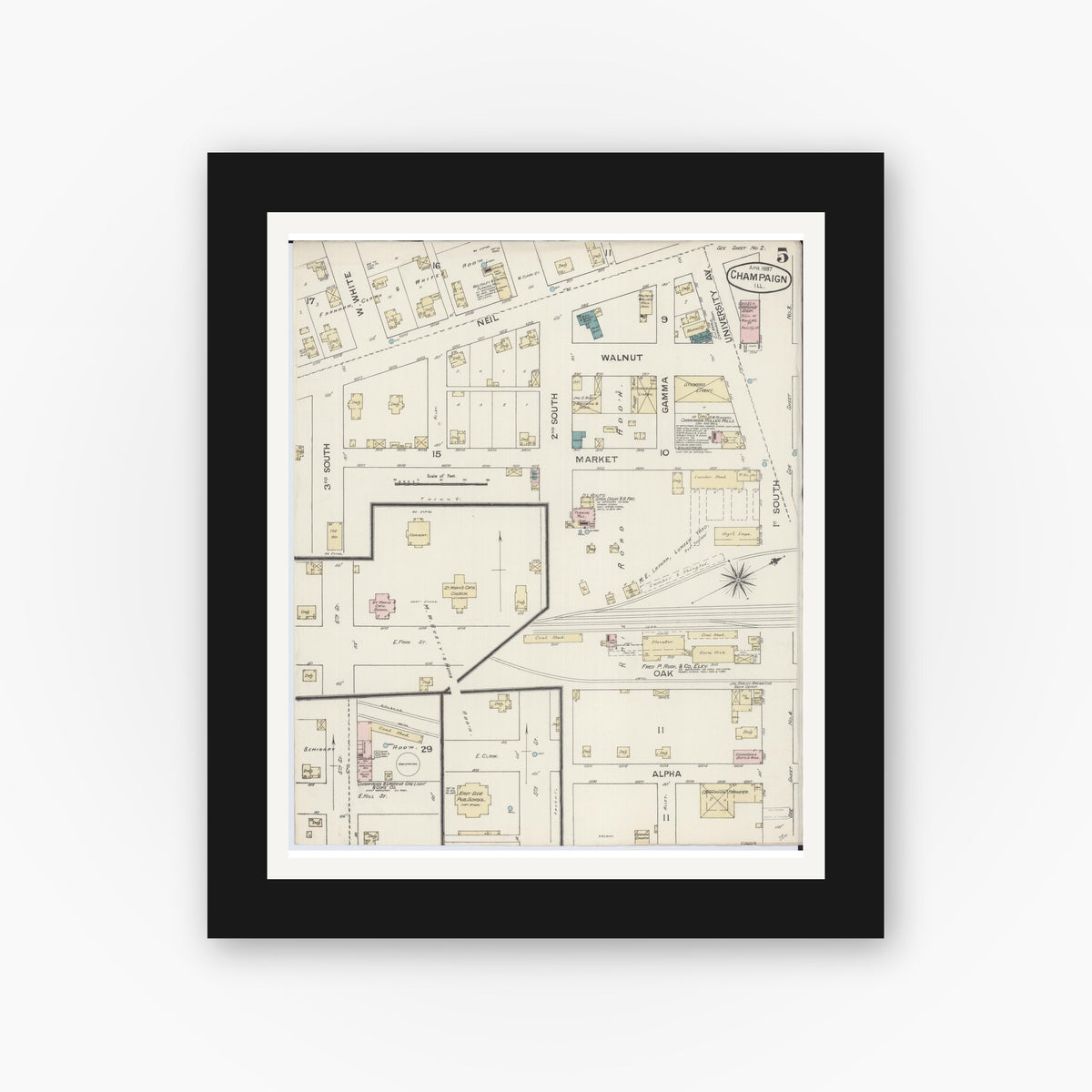 Old map wall art mockup — black gallery frame with white mat — Sanborn Fire Insurance Map from Champaign, Champaign County, Illinois (1887), Sheet #0005