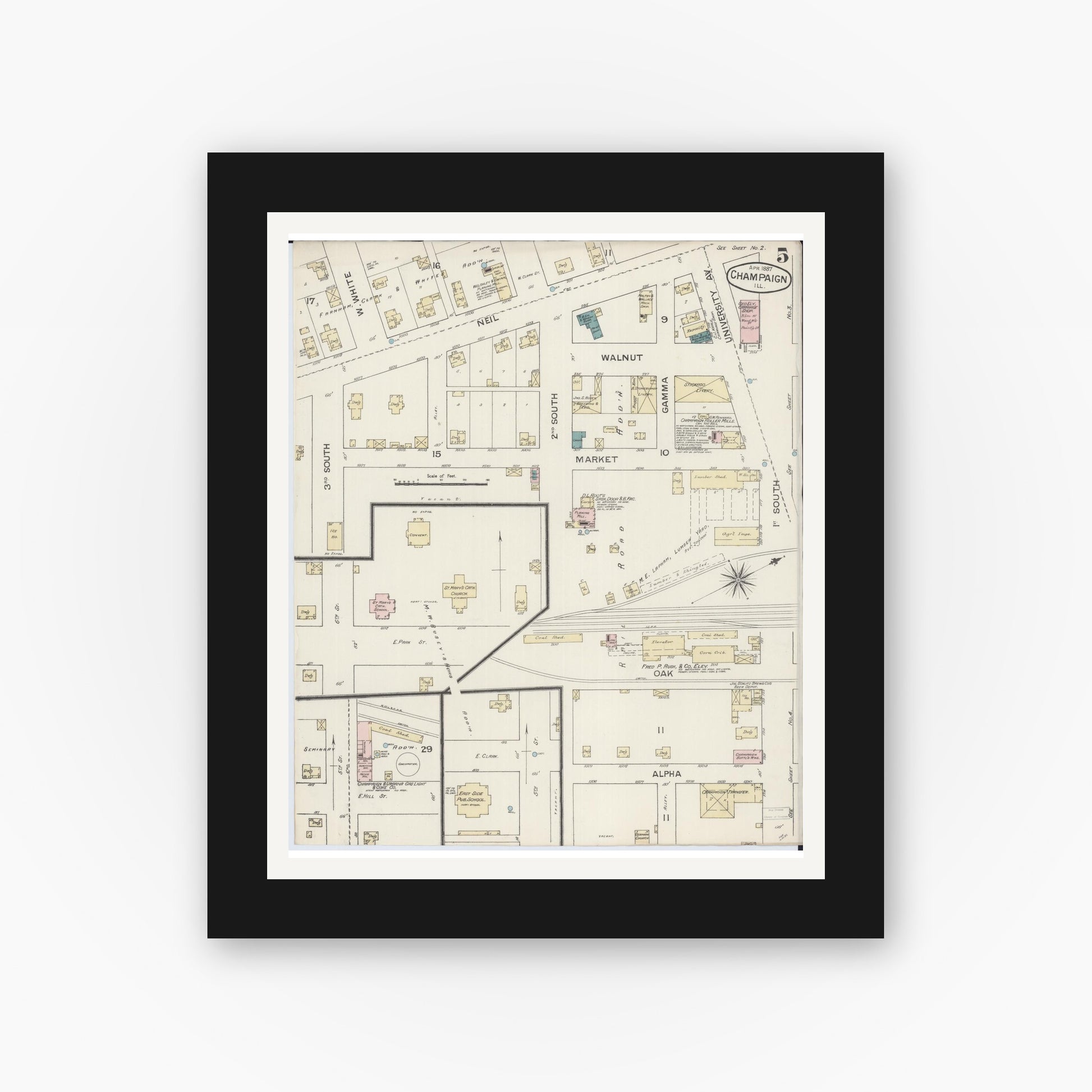 Old map wall art mockup — black gallery frame with white mat — Sanborn Fire Insurance Map from Champaign, Champaign County, Illinois (1887), Sheet #0005