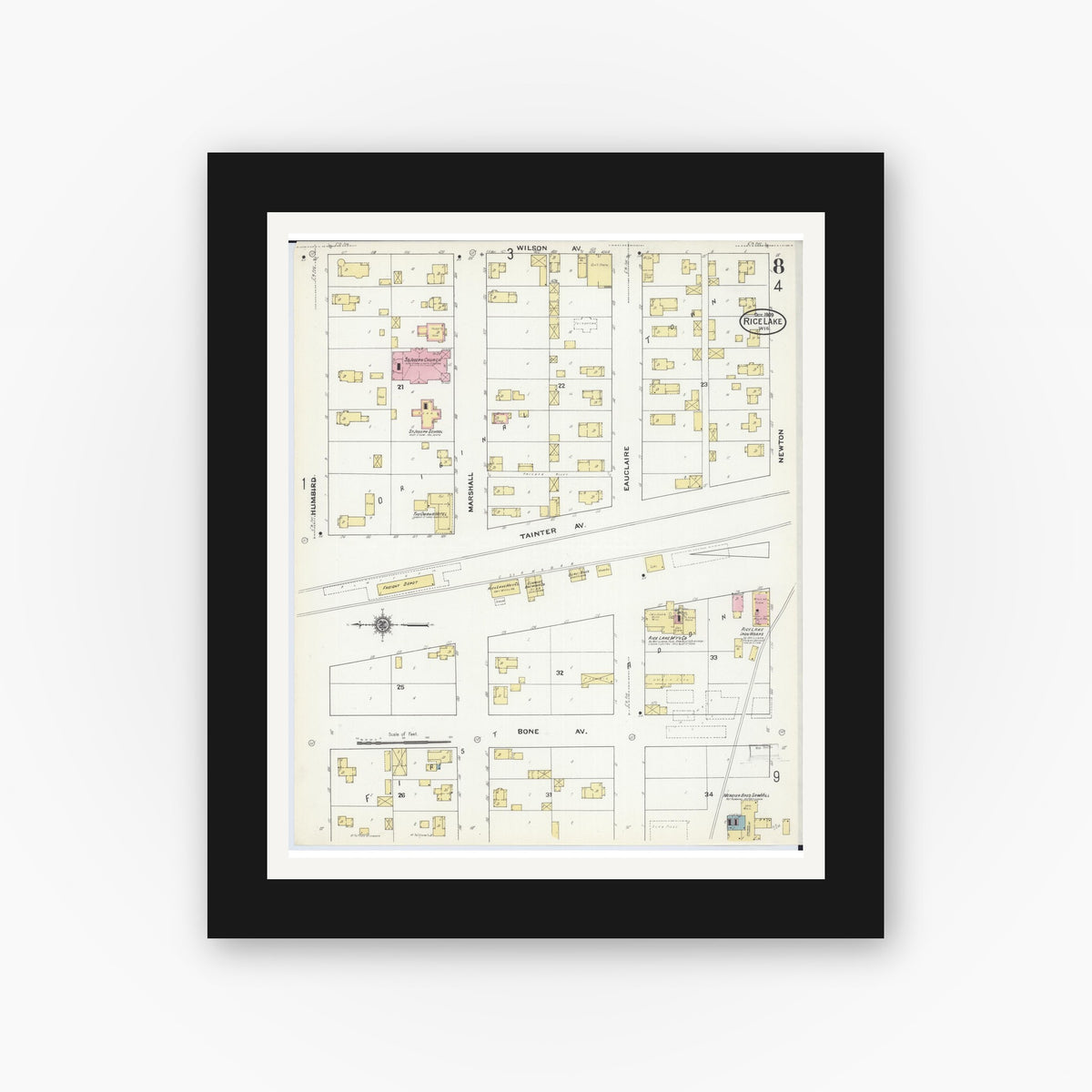 Old map wall art mockup — black gallery frame with white mat — Sanborn Fire Insurance Map from Rice Lake, Barron County, Wisconsin (1909), Sheet #0008