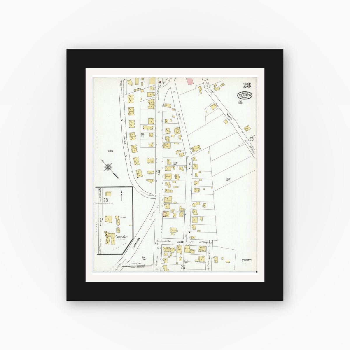 Old map wall art mockup — black gallery frame with white mat — Sanborn Fire Insurance Map from Clinton, Worcester County, Massachusetts (1919), Sheet #0028