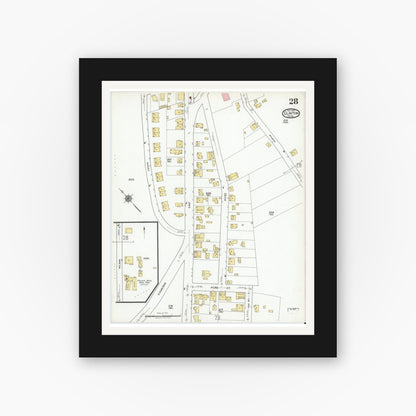 Old map wall art mockup — black gallery frame with white mat — Sanborn Fire Insurance Map from Clinton, Worcester County, Massachusetts (1919), Sheet #0028