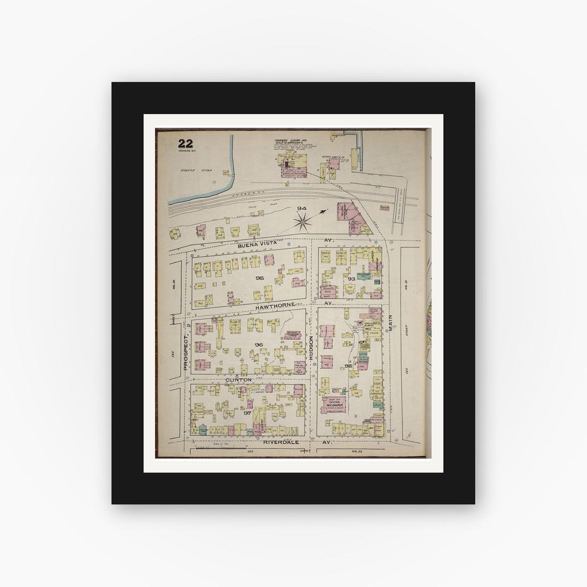 Old map wall art mockup — black gallery frame with white mat — Sanborn Fire Insurance Map from Yonkers, Westchester County, New York (1886), Sheet #0022
