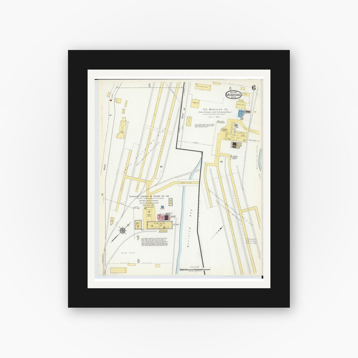 Old map wall art mockup — black gallery frame with white mat — Sanborn Fire Insurance Map from Munising, Alger County, Michigan (1917), Sheet #0006