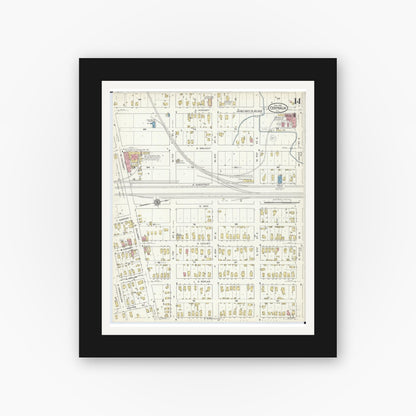 Old map wall art mockup — black gallery frame with white mat — Sanborn Fire Insurance Map from Centralia, Marion, Clinton, Jefferson, and Washington Counties, Illinois (1916), Sheet #0014