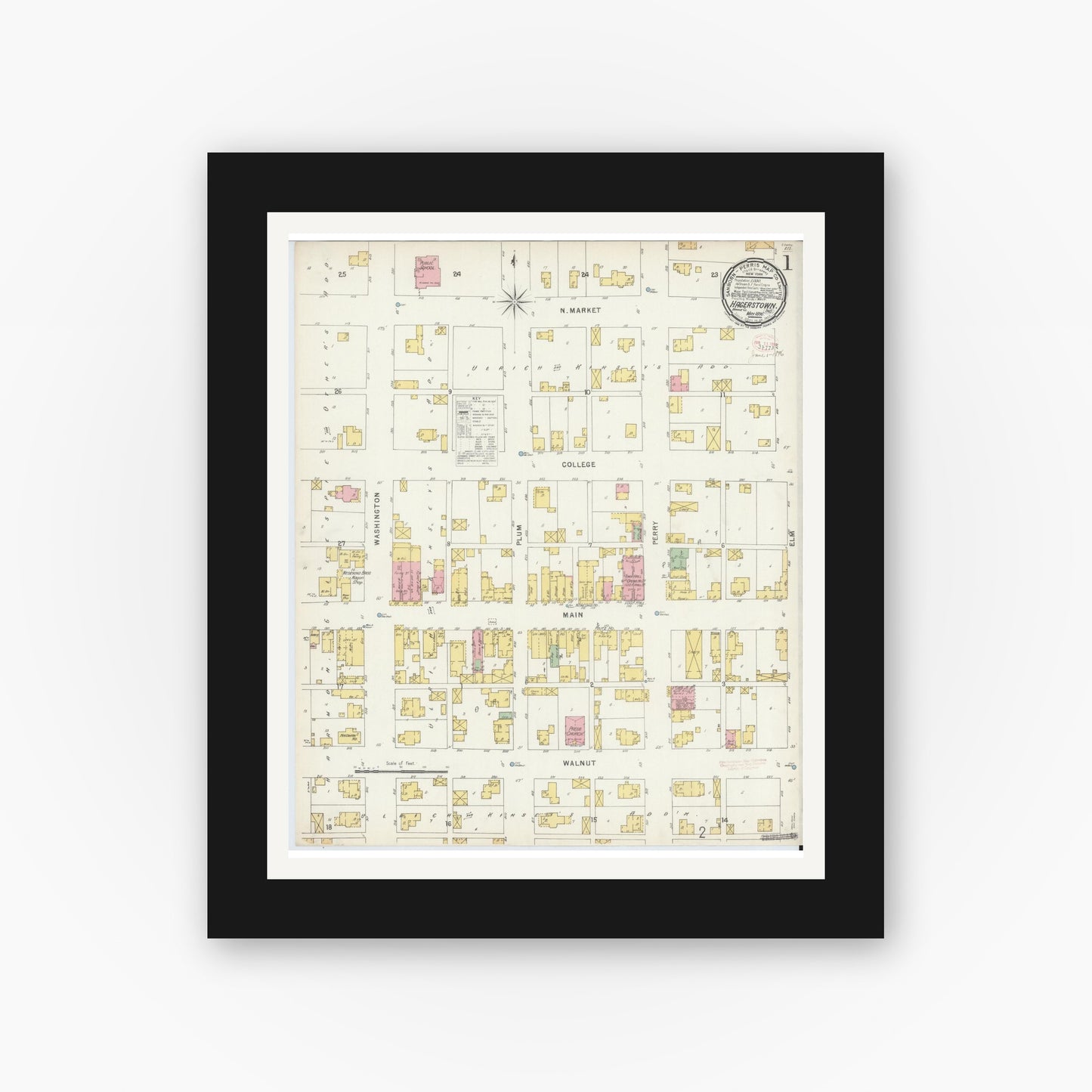 Old map wall art mockup — black gallery frame with white mat — Sanborn Fire Insurance Map from Hagerstown, Wayne County, Indiana (1896) - Complete Map Set
