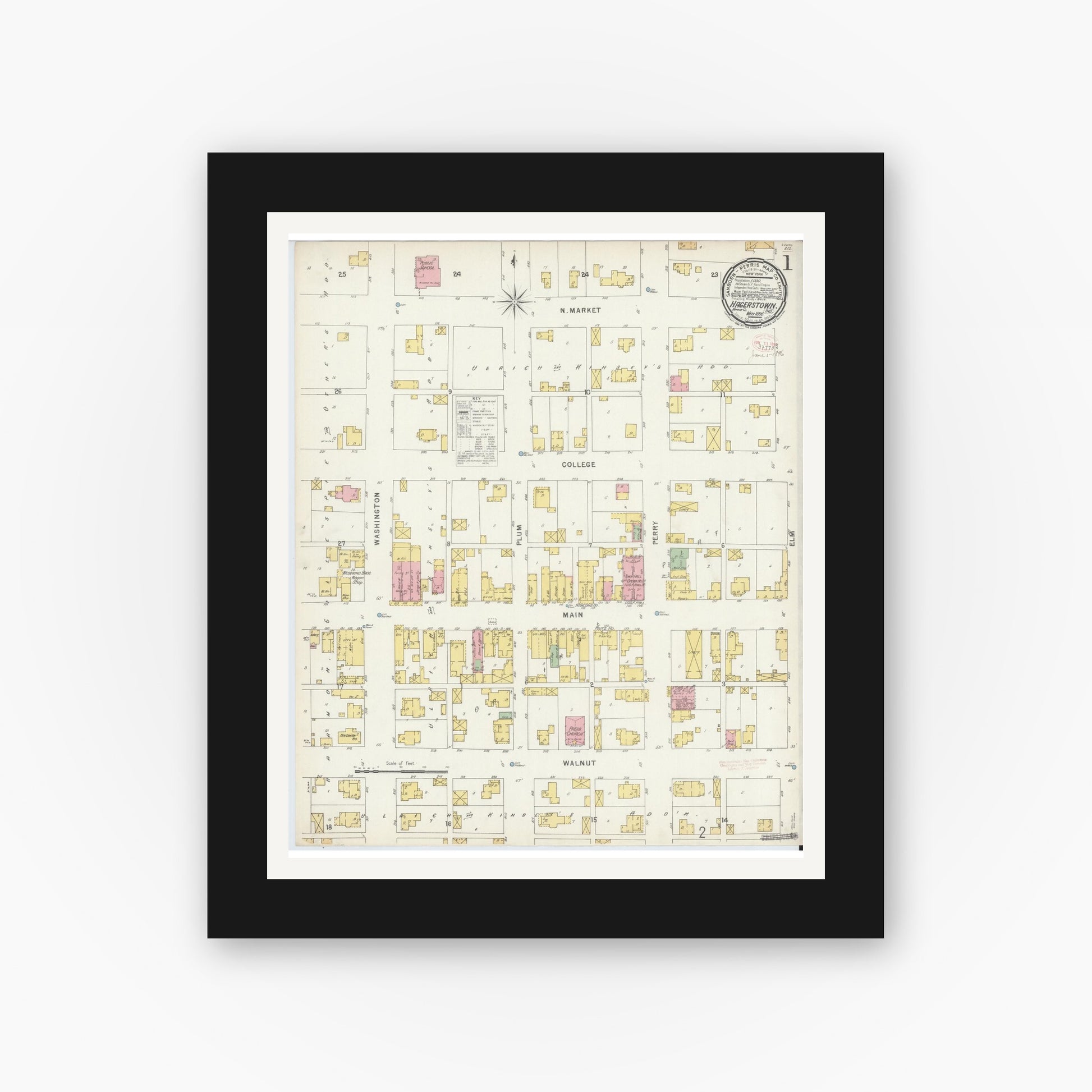 Old map wall art mockup — black gallery frame with white mat — Sanborn Fire Insurance Map from Hagerstown, Wayne County, Indiana (1896) - Complete Map Set