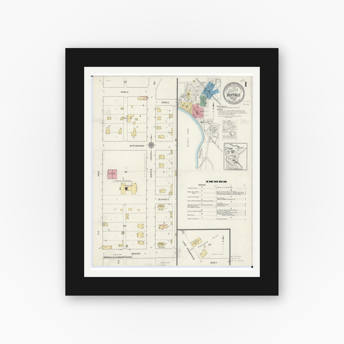 Old map wall art mockup — black gallery frame with white mat — Sanborn Fire Insurance Map from Buffalo, Wright County, Minnesota (1915) - Complete Map Set