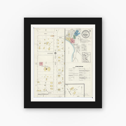 Old map wall art mockup — black gallery frame with white mat — Sanborn Fire Insurance Map from Buffalo, Wright County, Minnesota (1915) - Complete Map Set