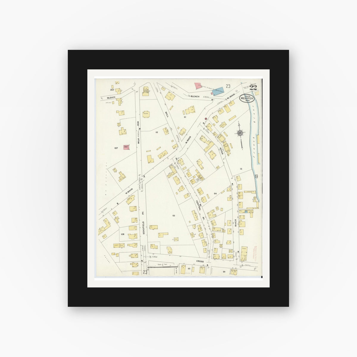 Old map wall art mockup — black gallery frame with white mat — Sanborn Fire Insurance Map from Webster, Worcester County, Massachusetts (1911), Sheet #0022