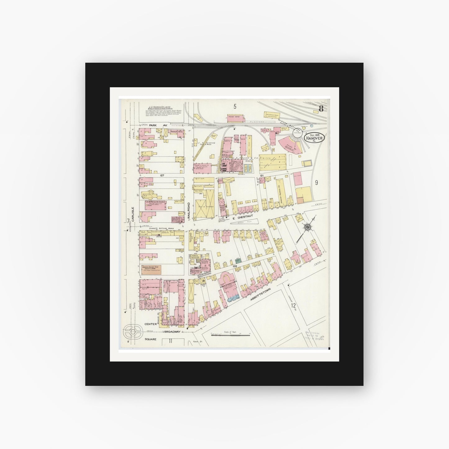 Old map wall art mockup — black gallery frame with white mat — Sanborn Fire Insurance Map from Hanover, York County, Pennsylvania (1909), Sheet #0008