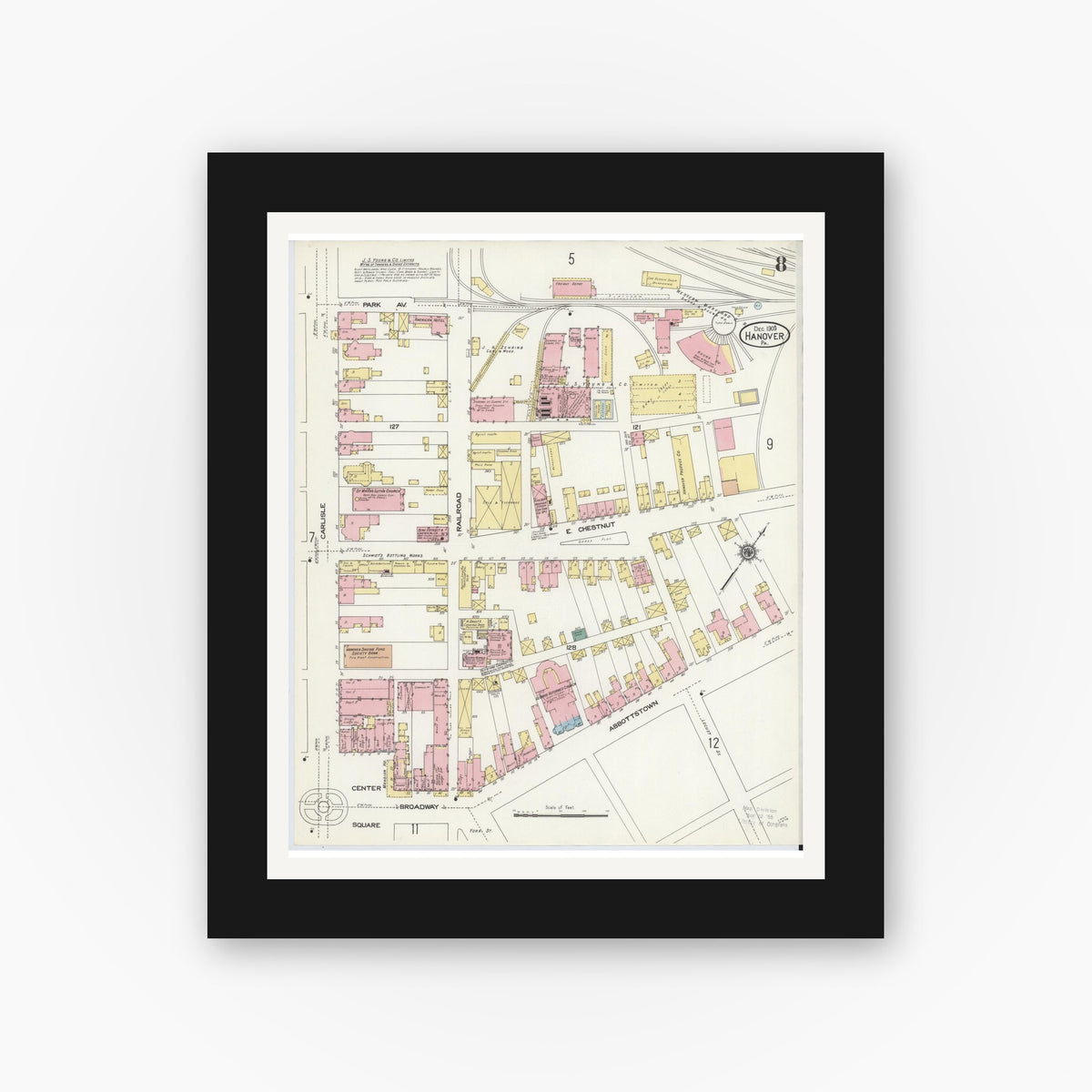 Old map wall art mockup — black gallery frame with white mat — Sanborn Fire Insurance Map from Hanover, York County, Pennsylvania (1909), Sheet #0008
