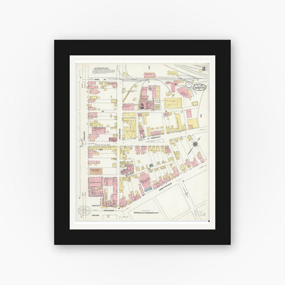 Old map wall art mockup — black gallery frame with white mat — Sanborn Fire Insurance Map from Hanover, York County, Pennsylvania (1909), Sheet #0008