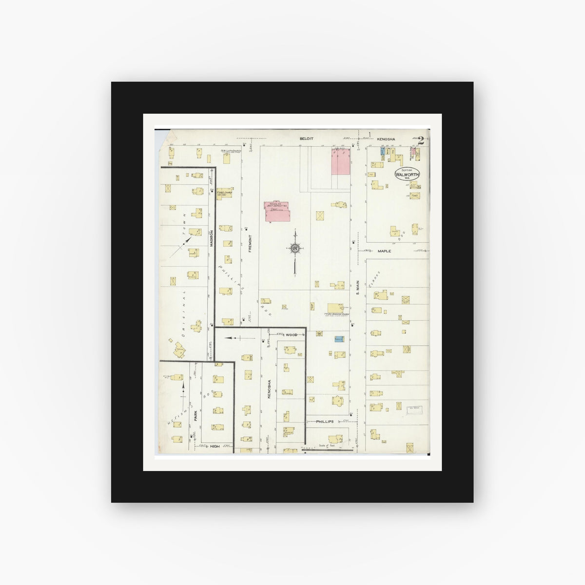 Old map wall art mockup — black gallery frame with white mat — Sanborn Fire Insurance Map from Walworth, Walworth County, Wisconsin (1912), Sheet #0002