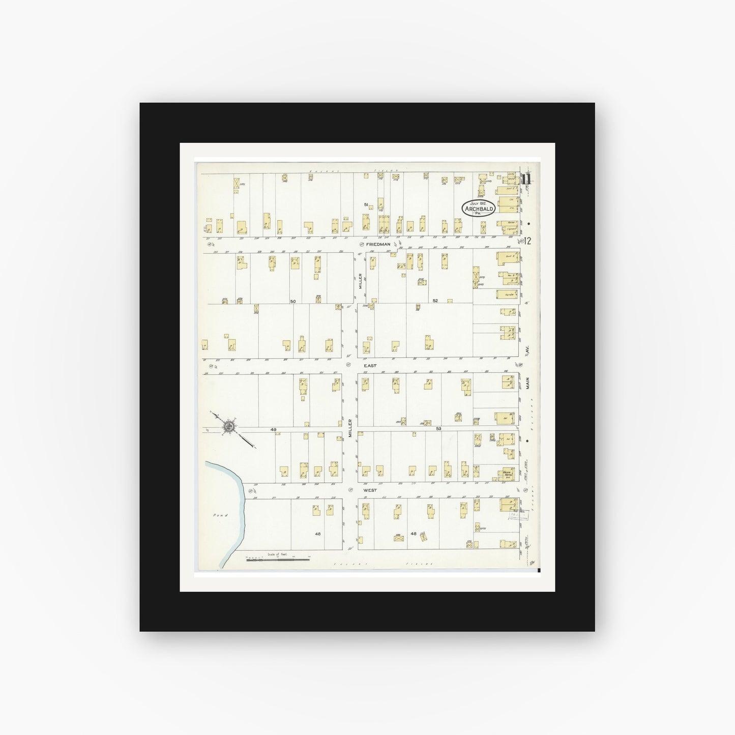 Old map wall art mockup — black gallery frame with white mat — Sanborn Fire Insurance Map from Archbald, Lackawanna County, Pennsylvania (1912), Sheet #0011