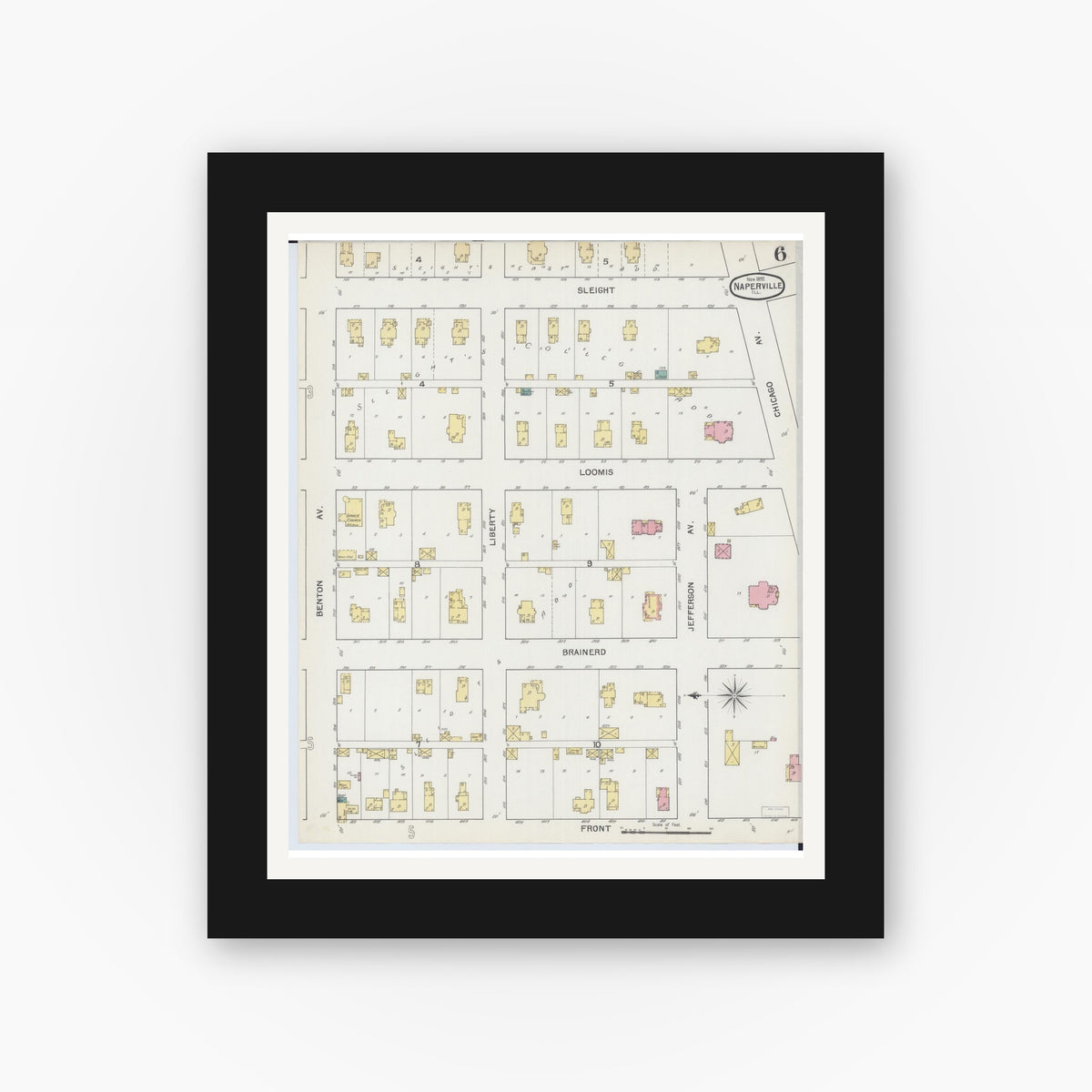 Old map wall art mockup — black gallery frame with white mat — Sanborn Fire Insurance Map from Naperville, Du Page County, Illinois (1892), Sheet #0006