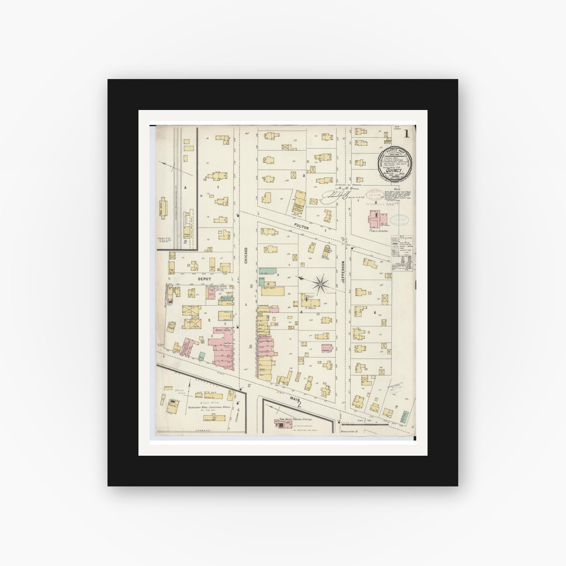 Old map wall art mockup — black gallery frame with white mat — Sanborn Fire Insurance Map from Quincy, Branch County, Michigan (1897) - Complete Map Set