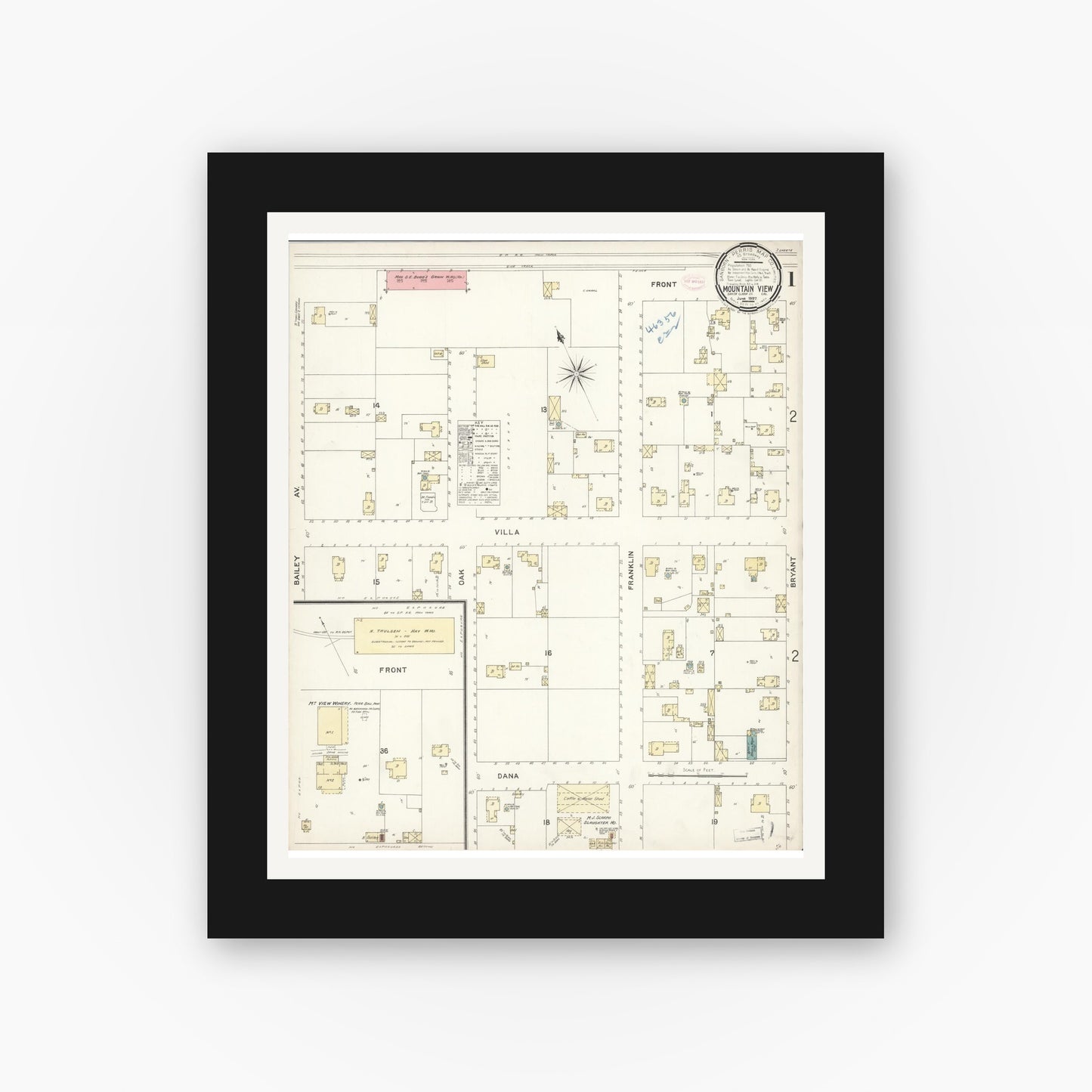 Old map wall art mockup — black gallery frame with white mat — Sanborn Fire Insurance Map from Mountain View, Santa Clara County, California (1897) - Complete Map Set
