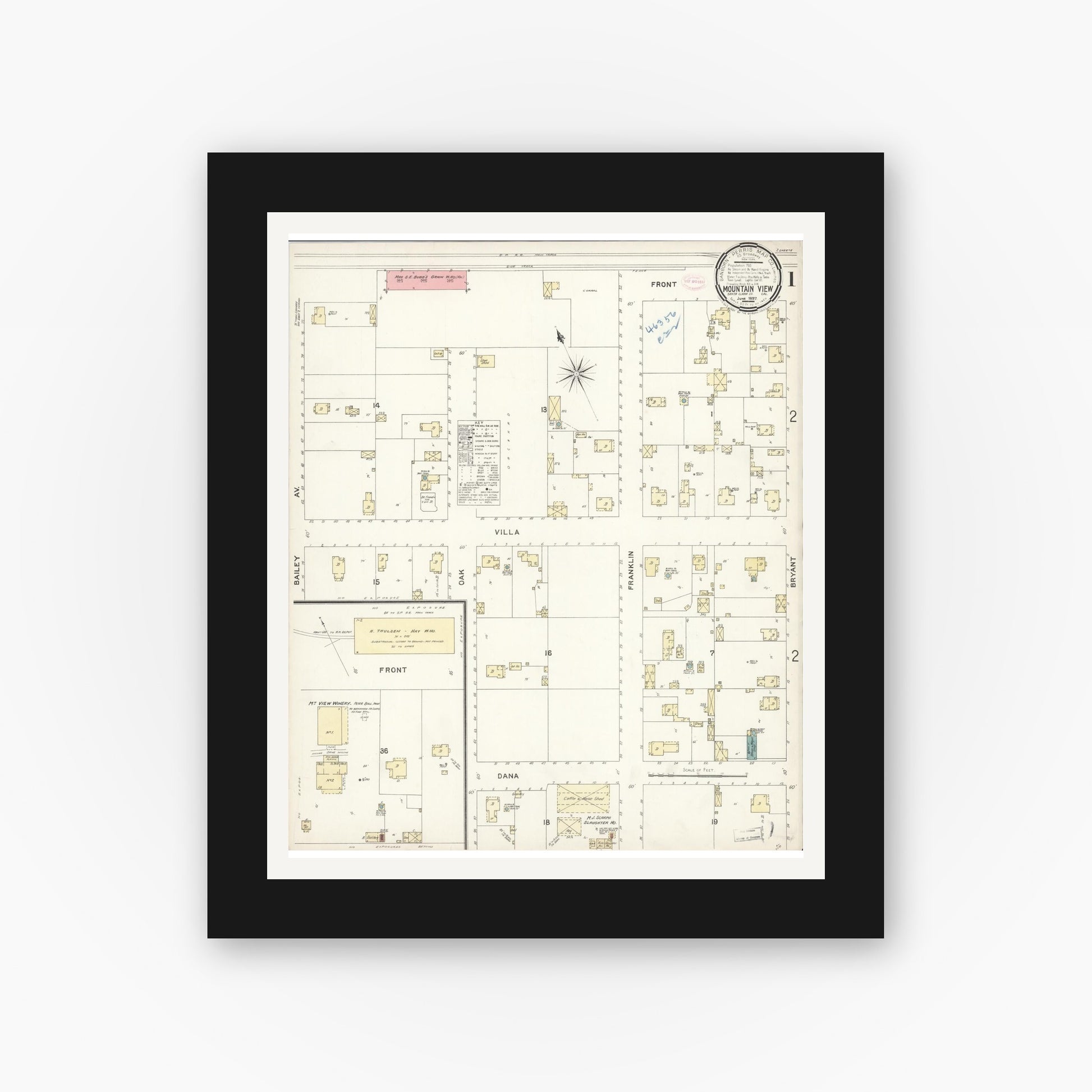 Old map wall art mockup — black gallery frame with white mat — Sanborn Fire Insurance Map from Mountain View, Santa Clara County, California (1897) - Complete Map Set