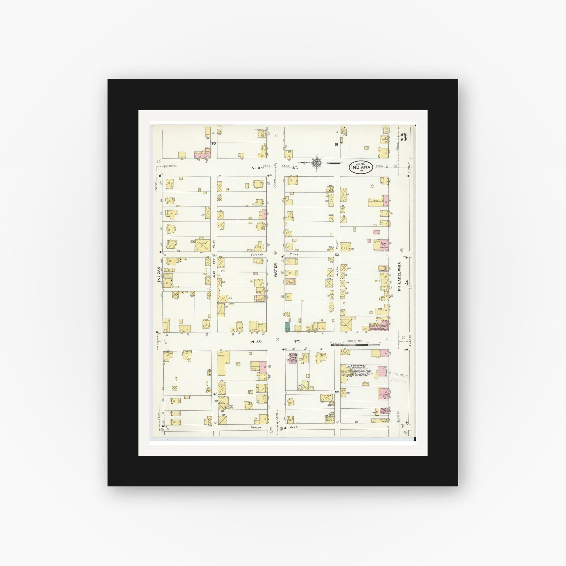 Old map wall art mockup — black gallery frame with white mat — Sanborn Fire Insurance Map from Indiana, Indiana County, Pennsylvania (1910), Sheet #0003