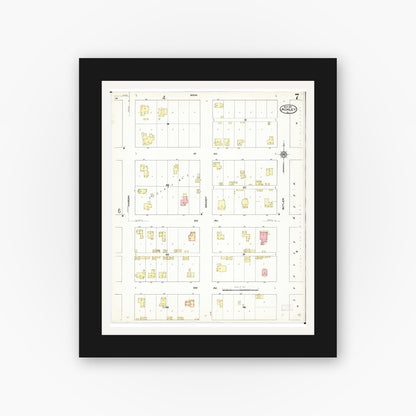 Old map wall art mockup — black gallery frame with white mat — Sanborn Fire Insurance Map from Ackley, Hardin and Franklin Counties, Iowa (1911), Sheet #0007