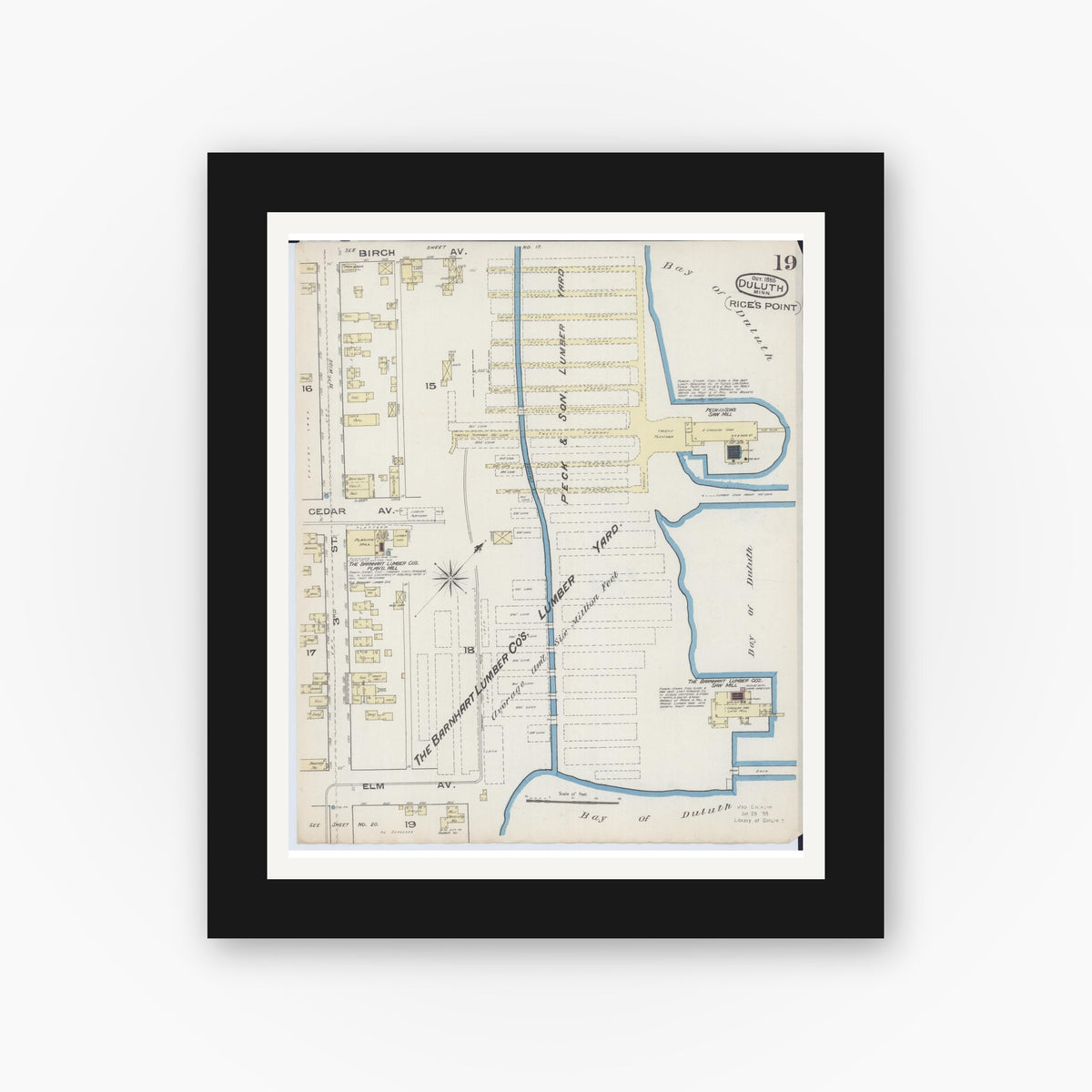 Old map wall art mockup — black gallery frame with white mat — Sanborn Fire Insurance Map from Duluth, Saint Louis County, Minnesota (1885), Sheet #0019