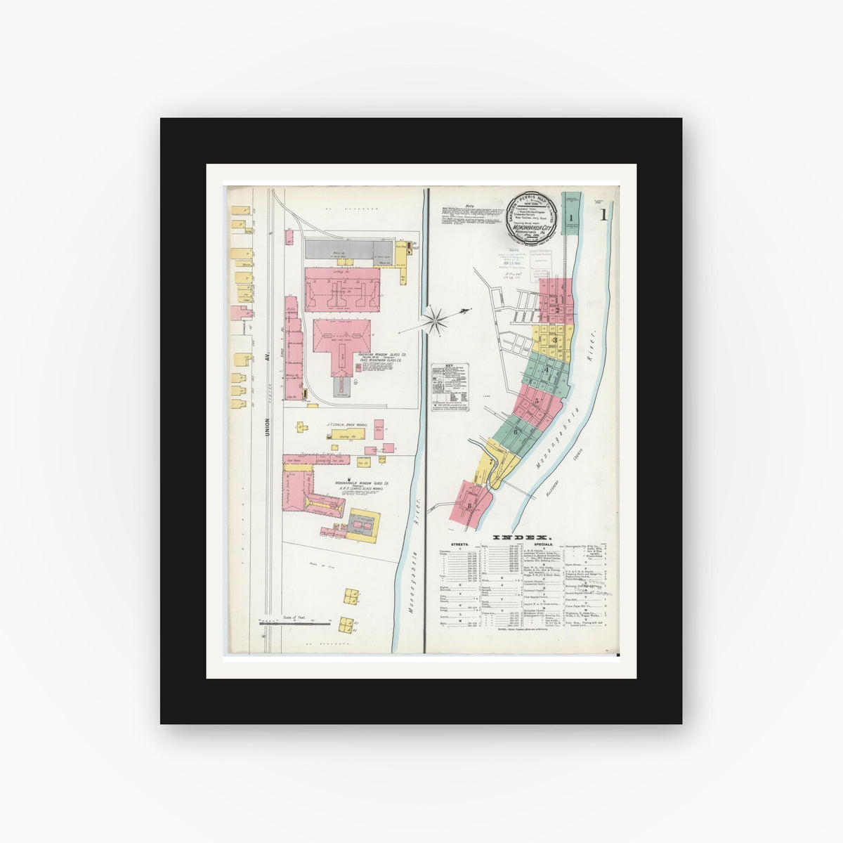 Old map wall art mockup — black gallery frame with white mat — Sanborn Fire Insurance Map from Monongahela City, Washington County, Pennsylvania (1900), Sheet #0001