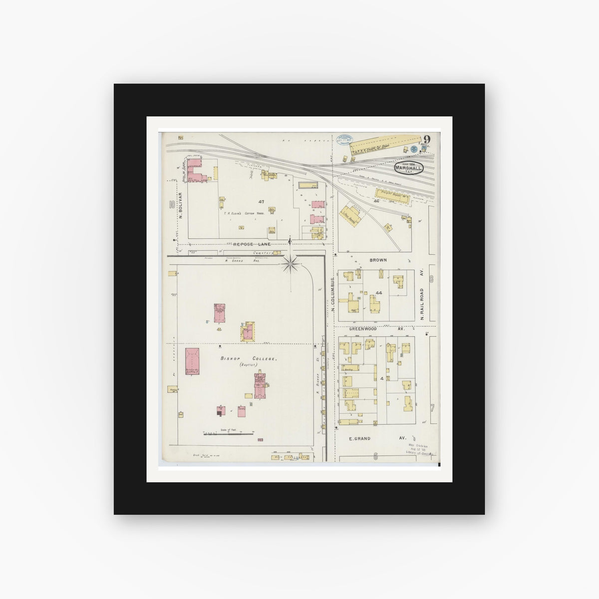 Old map wall art mockup — black gallery frame with white mat — Sanborn Fire Insurance Map from Marshall, Harrison County, Texas (1894), Sheet #0009