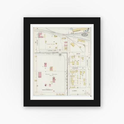 Old map wall art mockup — black gallery frame with white mat — Sanborn Fire Insurance Map from Marshall, Harrison County, Texas (1894), Sheet #0009