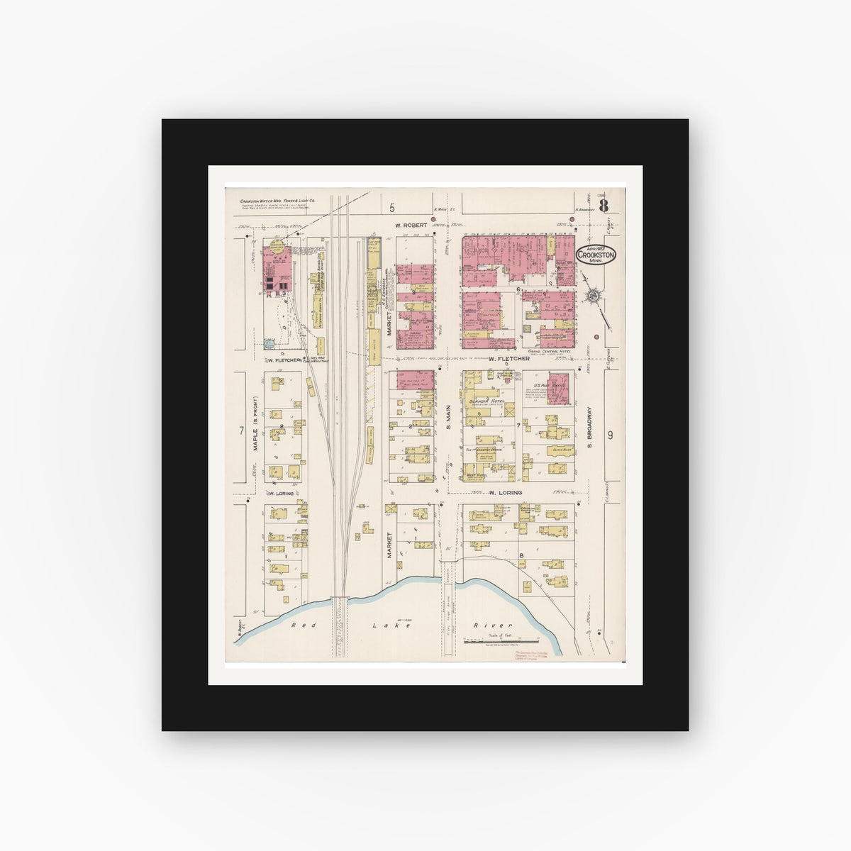 Old map wall art mockup — black gallery frame with white mat — Sanborn Fire Insurance Map from Crookston, Polk County, Minnesota (1922), Sheet #0008