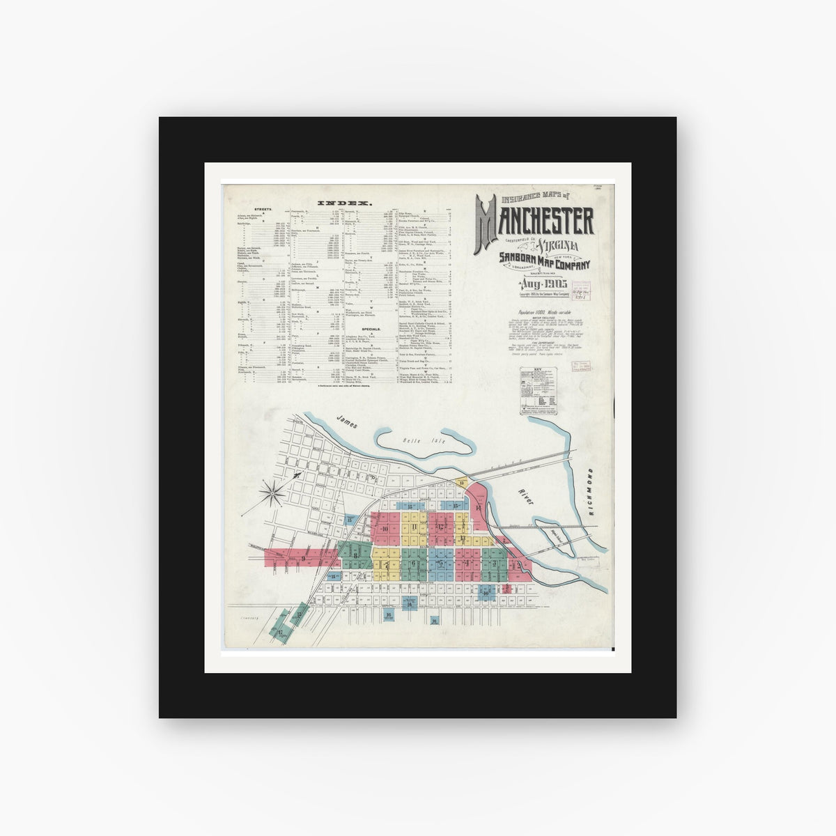 Old map wall art mockup — black gallery frame with white mat — Sanborn Fire Insurance Map from Manchester, Chesterfield County, Virginia (1905), Sheet #0001