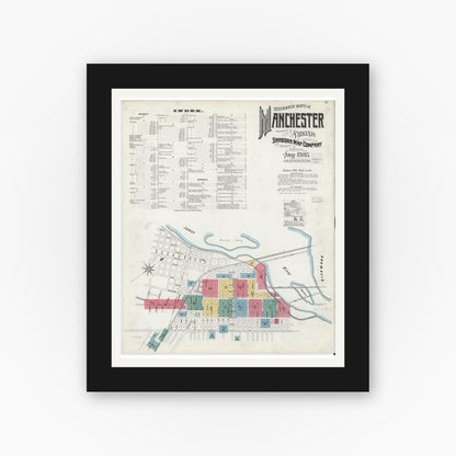 Old map wall art mockup — black gallery frame with white mat — Sanborn Fire Insurance Map from Manchester, Chesterfield County, Virginia (1905), Sheet #0001