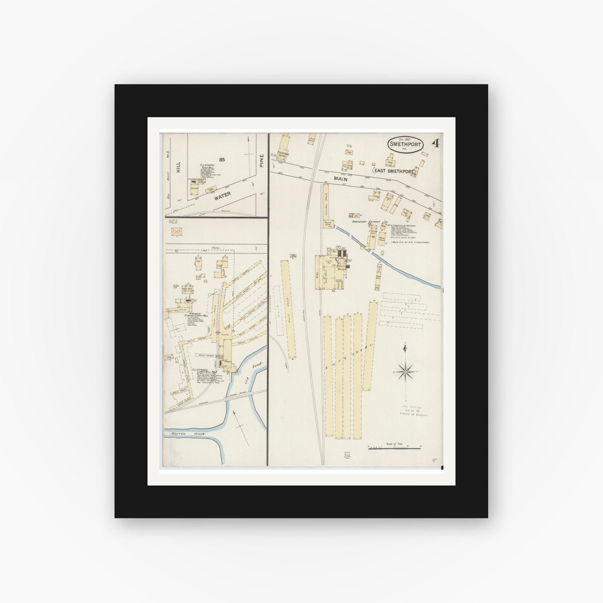 Old map wall art mockup — black gallery frame with white mat — Sanborn Fire Insurance Map from Smethport, McKean County, Pennsylvania (1887), Sheet #0004