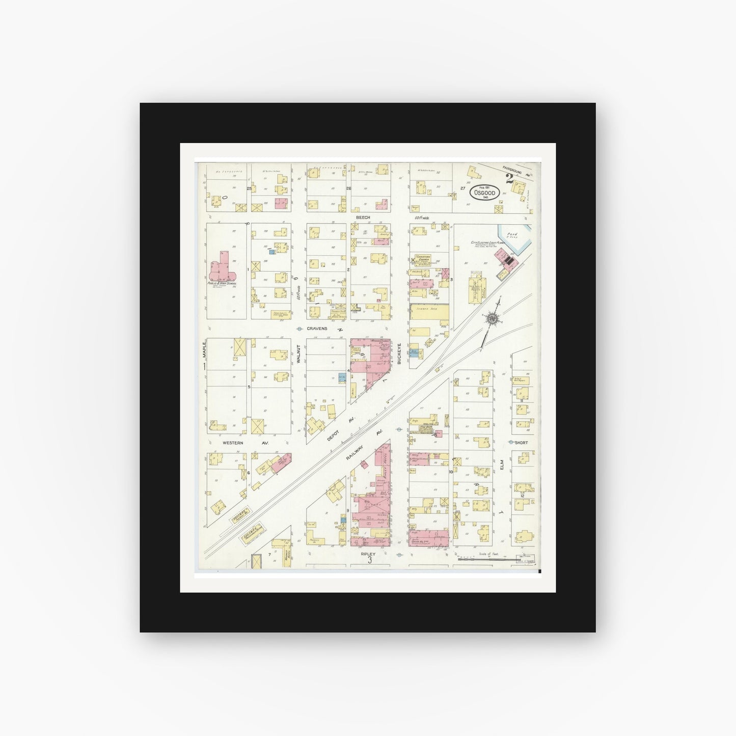 Old map wall art mockup — black gallery frame with white mat — Sanborn Fire Insurance Map from Osgood, Ripley County, Indiana (1911), Sheet #0002