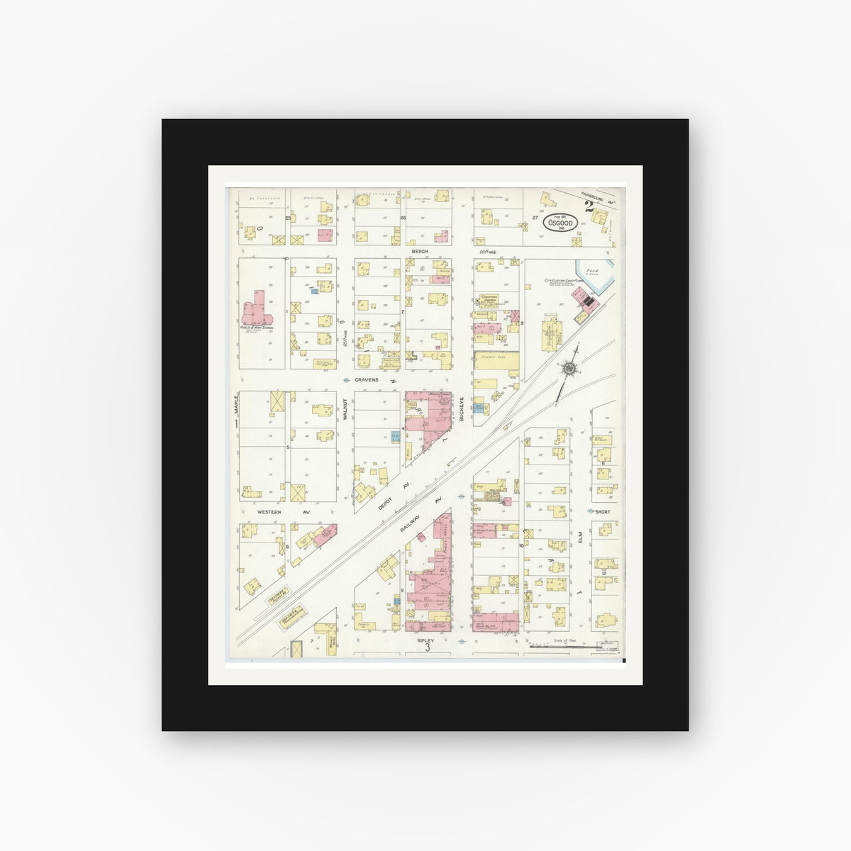 Old map wall art mockup — black gallery frame with white mat — Sanborn Fire Insurance Map from Osgood, Ripley County, Indiana (1911), Sheet #0002