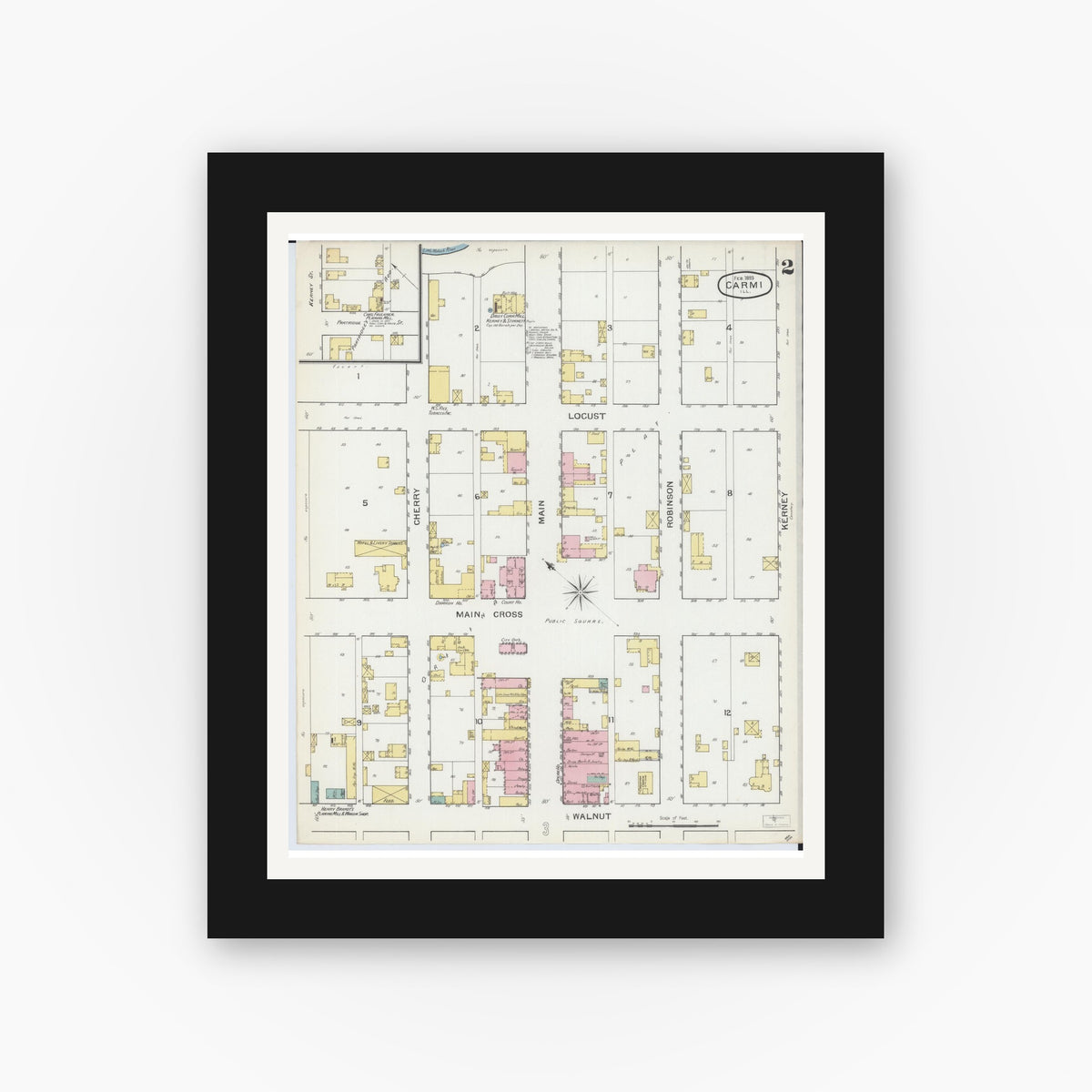 Old map wall art mockup — black gallery frame with white mat — Sanborn Fire Insurance Map from Carmi, White County, Illinois (1893), Sheet #0002