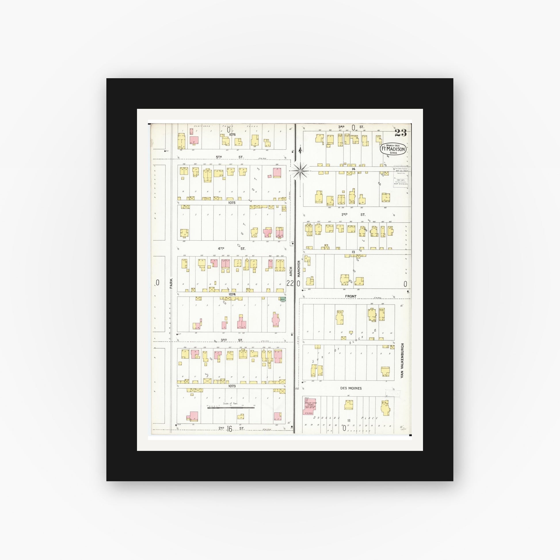 Old map wall art mockup — black gallery frame with white mat — Sanborn Fire Insurance Map from Fort Madison, Lee County, Iowa (1900), Sheet #0023