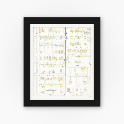 Old map wall art mockup — black gallery frame with white mat — Sanborn Fire Insurance Map from Fort Madison, Lee County, Iowa (1900), Sheet #0023