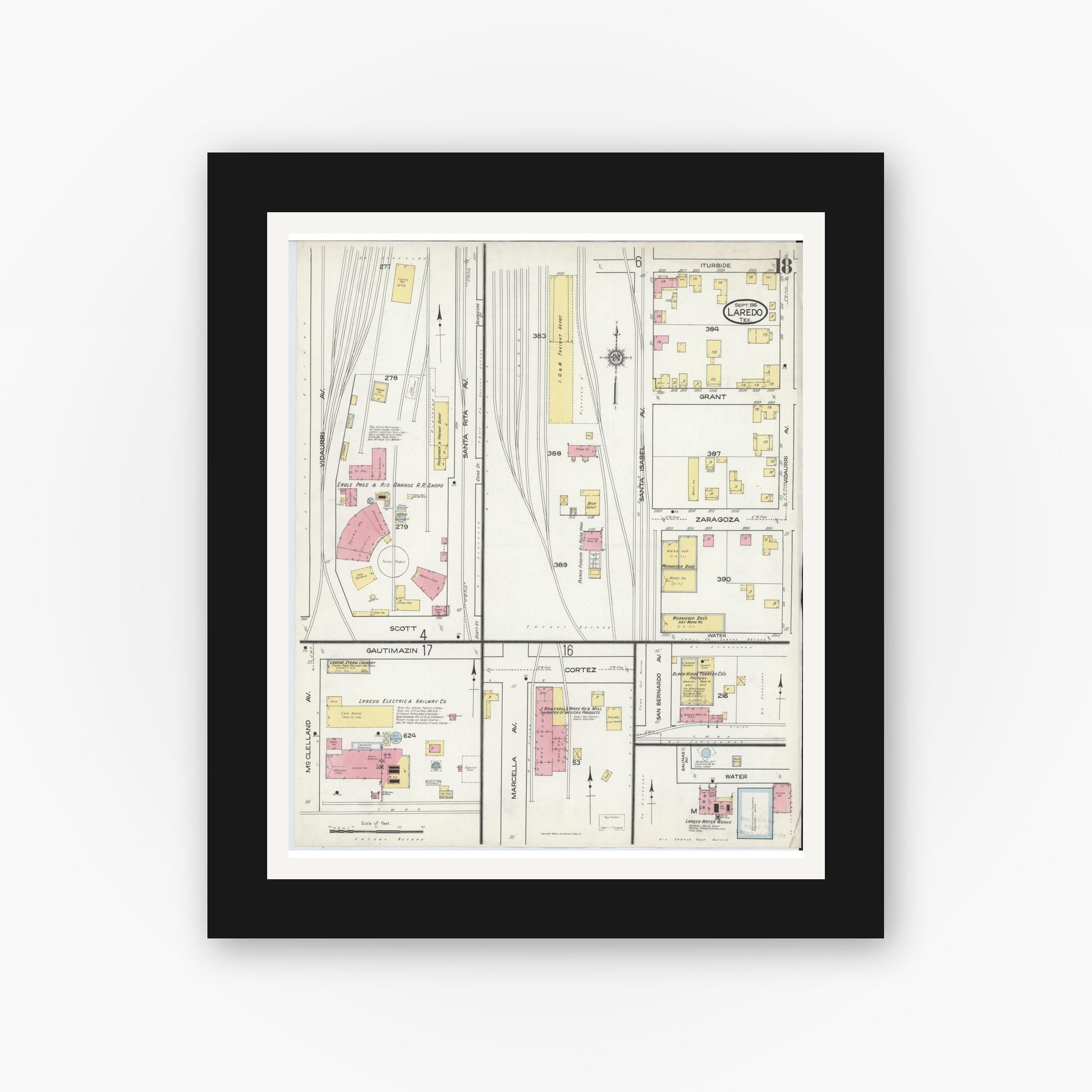Old map wall art mockup — black gallery frame with white mat — Sanborn Fire Insurance Map from Laredo, Webb County, Texas (1916), Sheet #0018