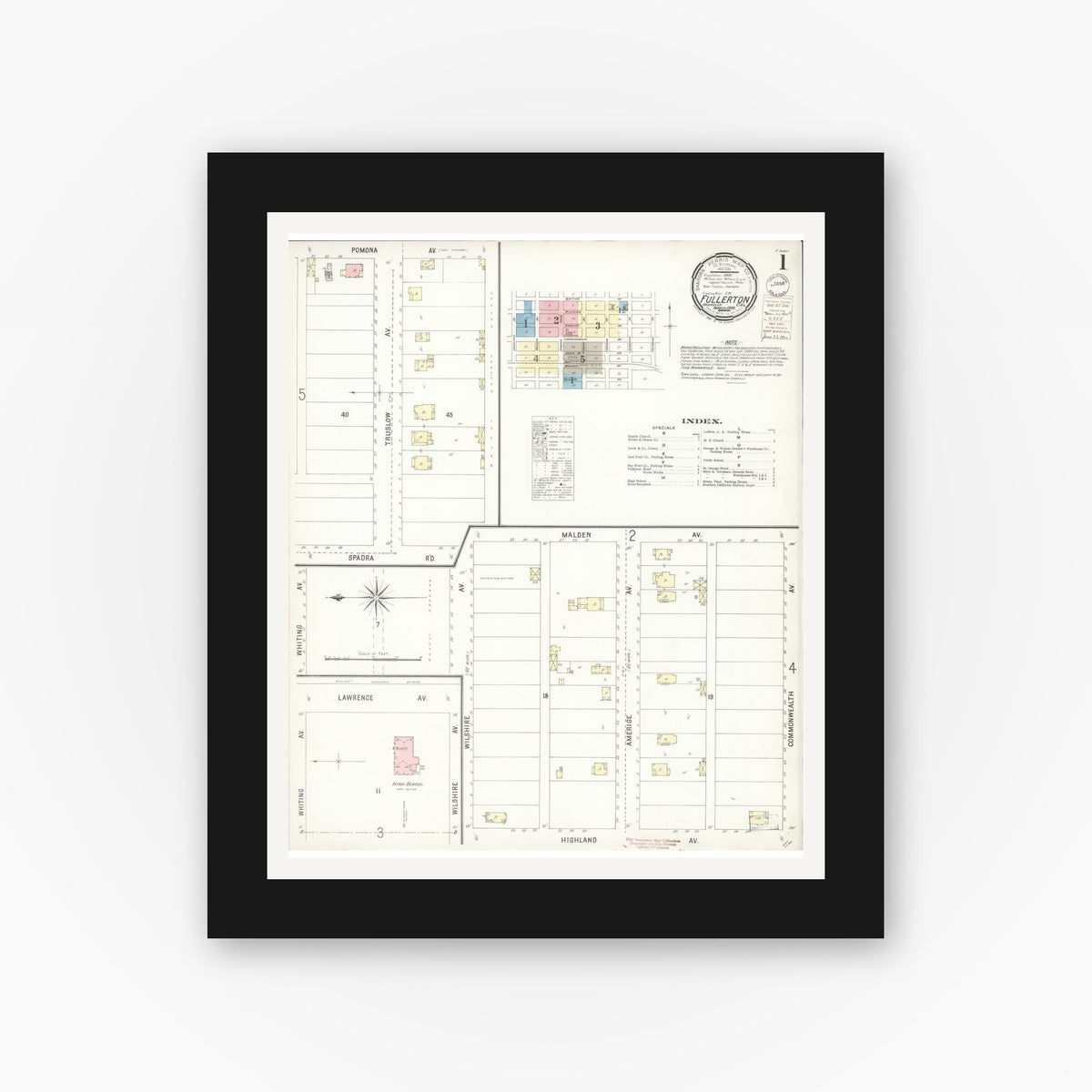 Old map wall art mockup — black gallery frame with white mat — Sanborn Fire Insurance Map from Fullerton, Orange County, California (1900), Sheet #0001