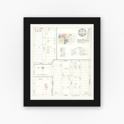 Old map wall art mockup — black gallery frame with white mat — Sanborn Fire Insurance Map from Fullerton, Orange County, California (1900), Sheet #0001