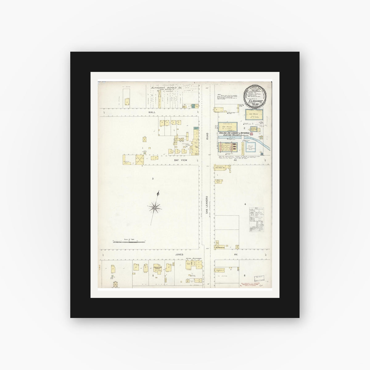 Old map wall art mockup — black gallery frame with white mat — Sanborn Fire Insurance Map from Elmhurst, Alameda County, California (1896), Sheet #0001
