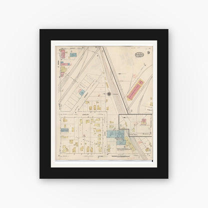 Old map wall art mockup — black gallery frame with white mat — Sanborn Fire Insurance Map from Durand, Shiawassee County, Michigan (1944), Sheet #0009