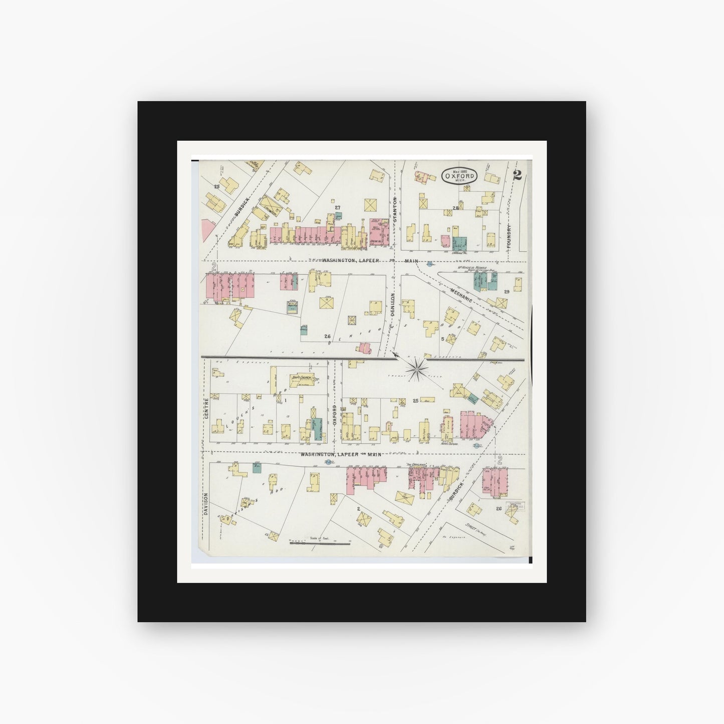 Old map wall art mockup — black gallery frame with white mat — Sanborn Fire Insurance Map from Oxford, Oakland County, Michigan (1895), Sheet #0002