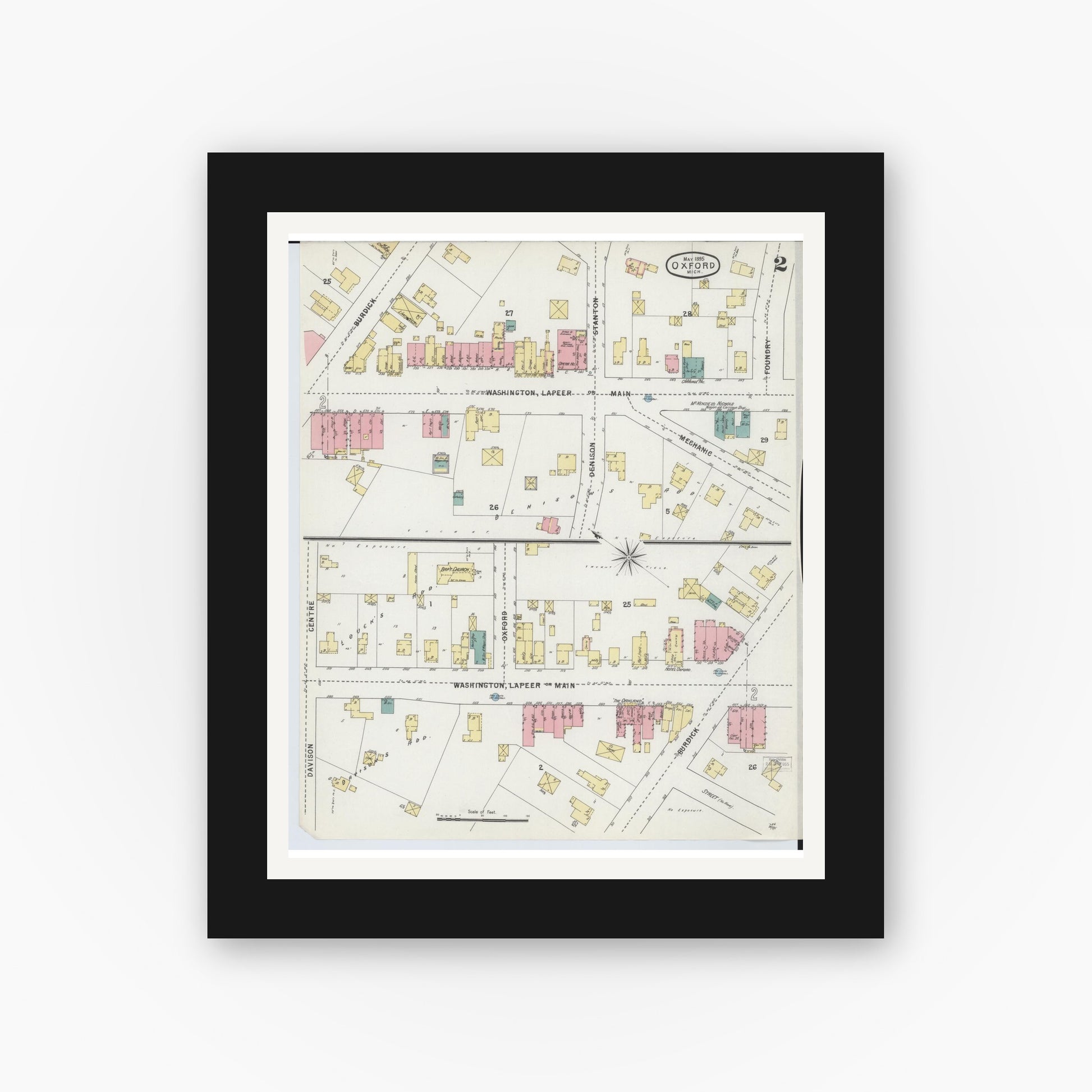 Old map wall art mockup — black gallery frame with white mat — Sanborn Fire Insurance Map from Oxford, Oakland County, Michigan (1895), Sheet #0002