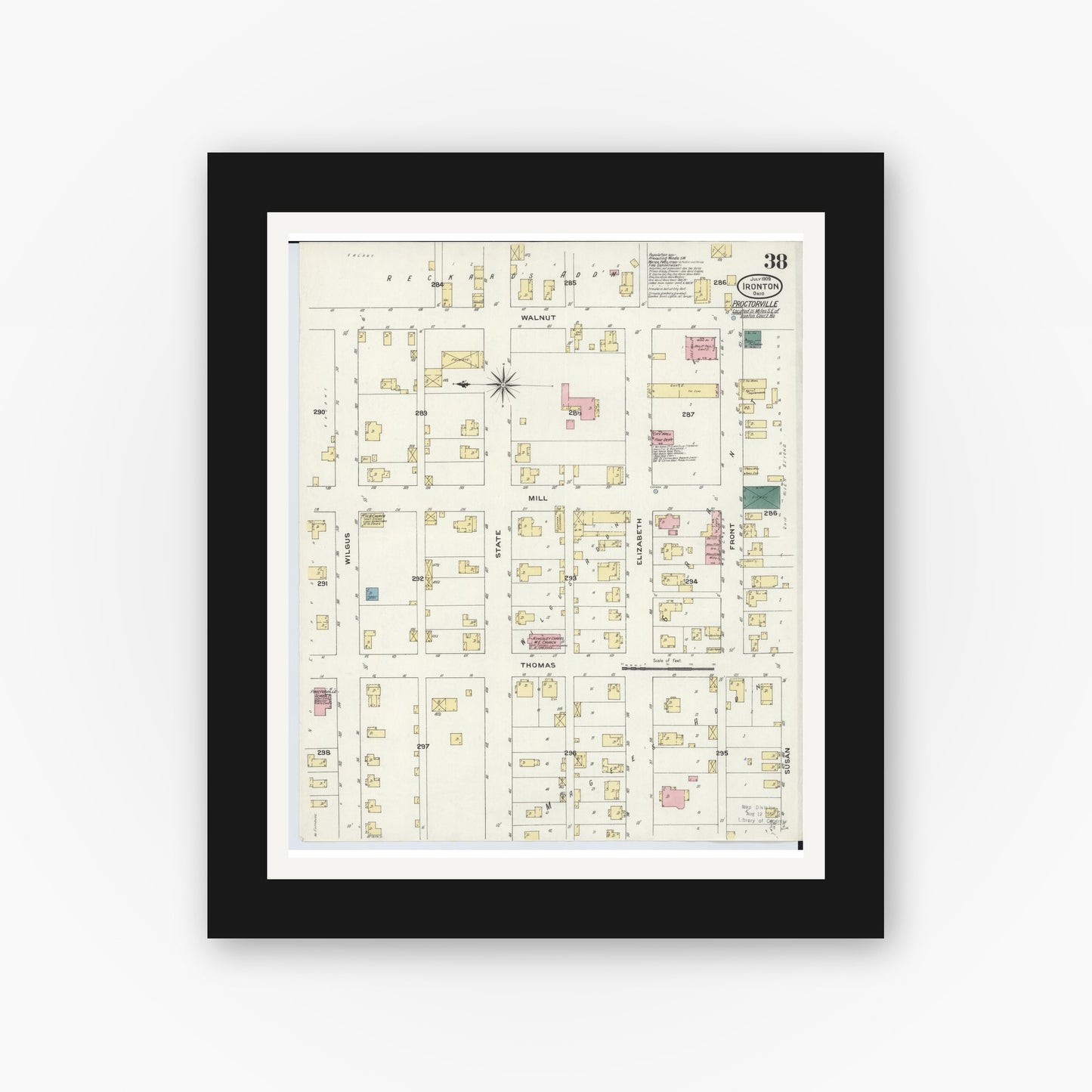 Old map wall art mockup — black gallery frame with white mat — Sanborn Fire Insurance Map from Ironton, Lawrence County, Ohio (1909), Sheet #0038