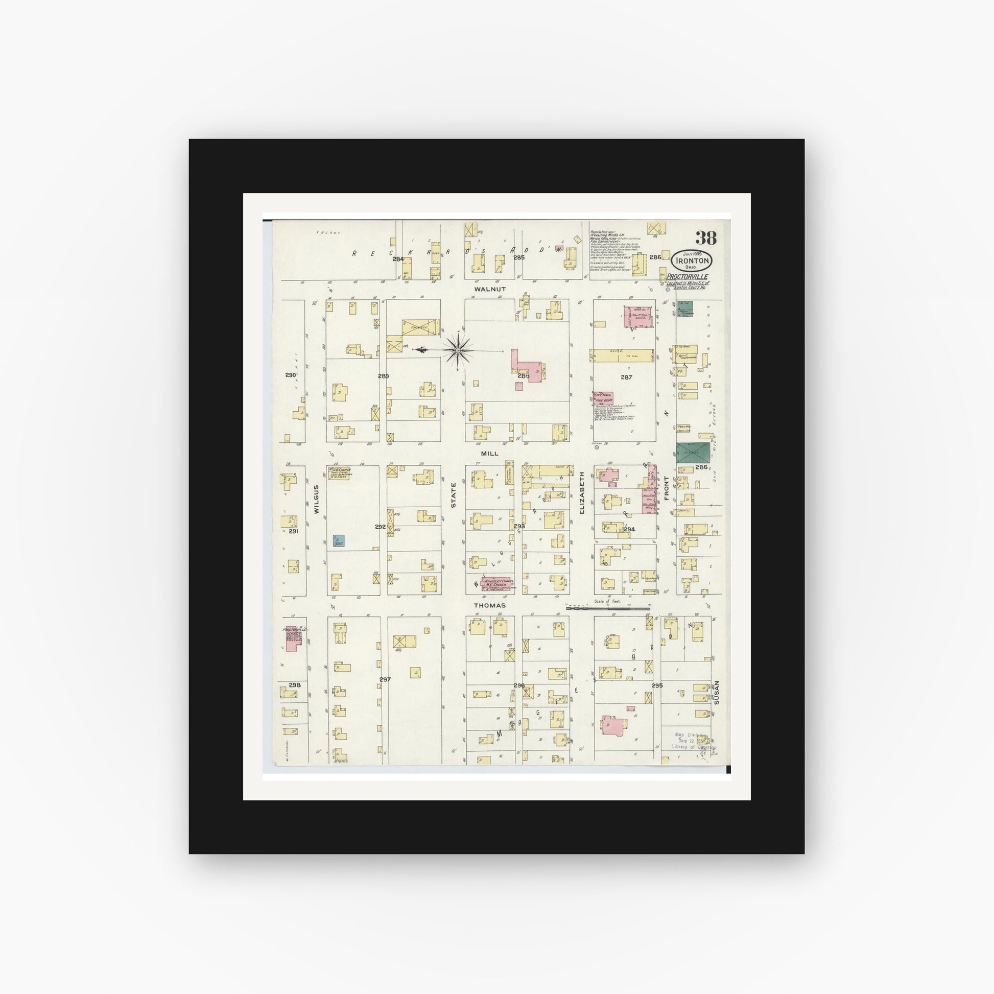 Old map wall art mockup — black gallery frame with white mat — Sanborn Fire Insurance Map from Ironton, Lawrence County, Ohio (1909), Sheet #0038