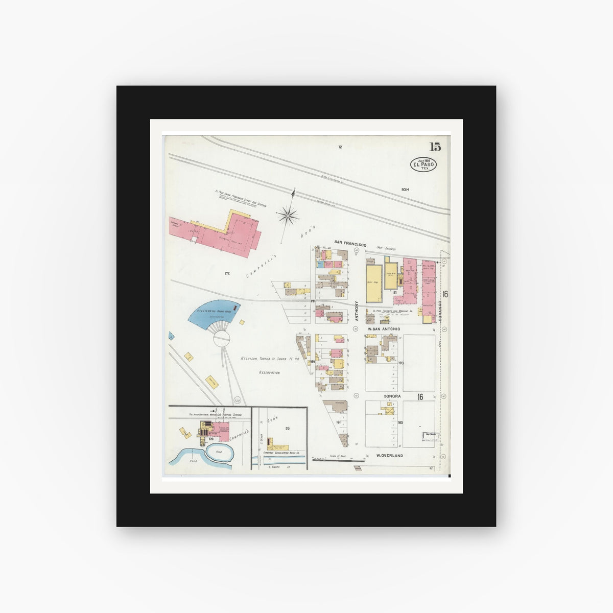 Old map wall art mockup — black gallery frame with white mat — Sanborn Fire Insurance Map from El Paso, El Paso County, Texas (1905), Sheet #0015